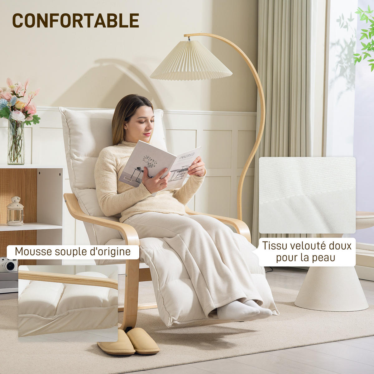 RELAXSESSEL DE-13311 mit verstellbarer Fußstütze & Veloursbezug Creme - Creme, Holz (67/105/93cm) - ComfortXL