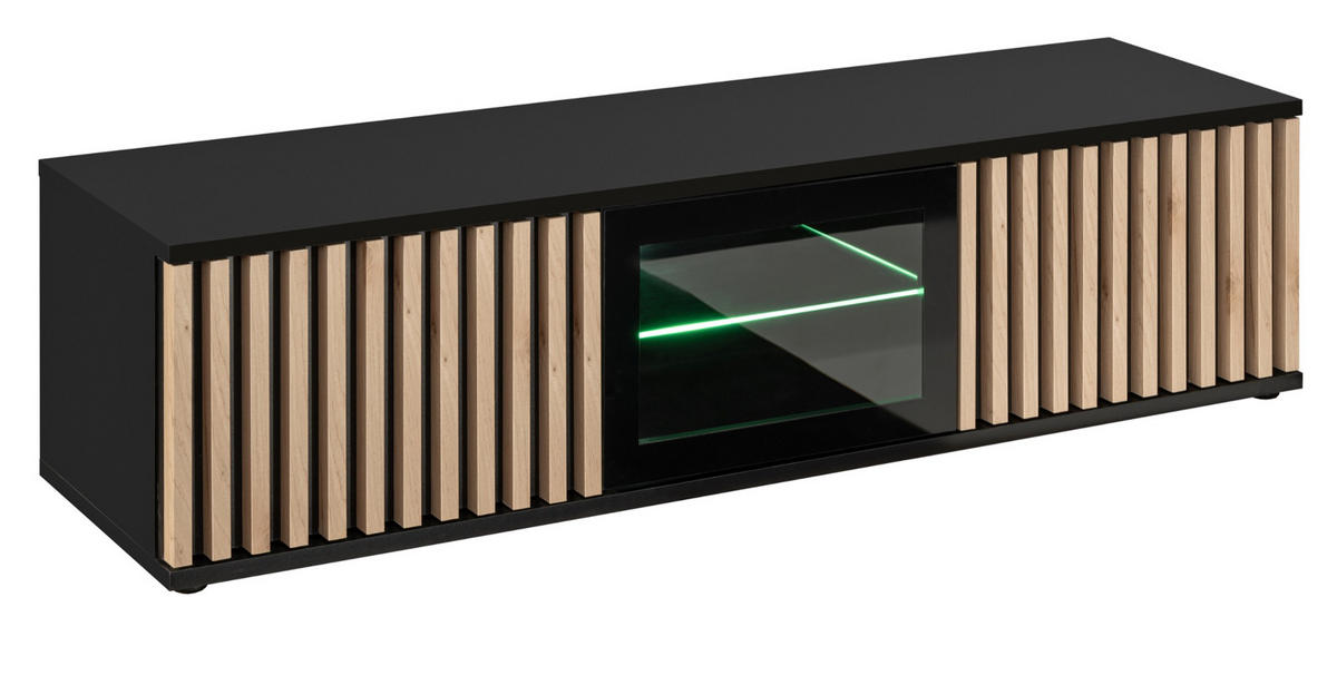 TV-LOWBOARD schwarz, Eiche Jackson 163 cm, TV Unterteil mit 3D-Lamellen inklusive Beleuchtung - Eichefarben/Schwarz, Glas/Holzwerkstoff (160/42/45cm) - Furn.Design
