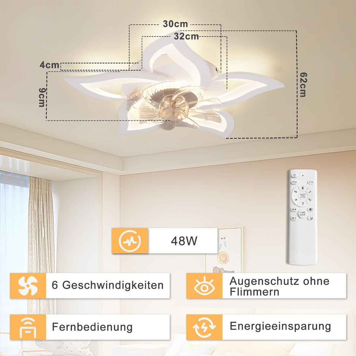 DECKENVENTILATOR RAHIMI 62/62/15 cm - Weiß, Kunststoff (62/62/15cm) - Nettlife