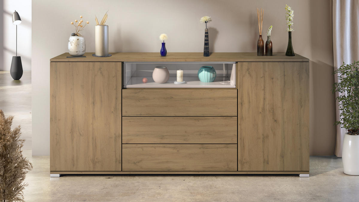 SIDEBOARD Skadu Sandgrau Hochglanz - Sandfarben, Holzwerkstoff (166.5/75.5/35cm) - Vladon