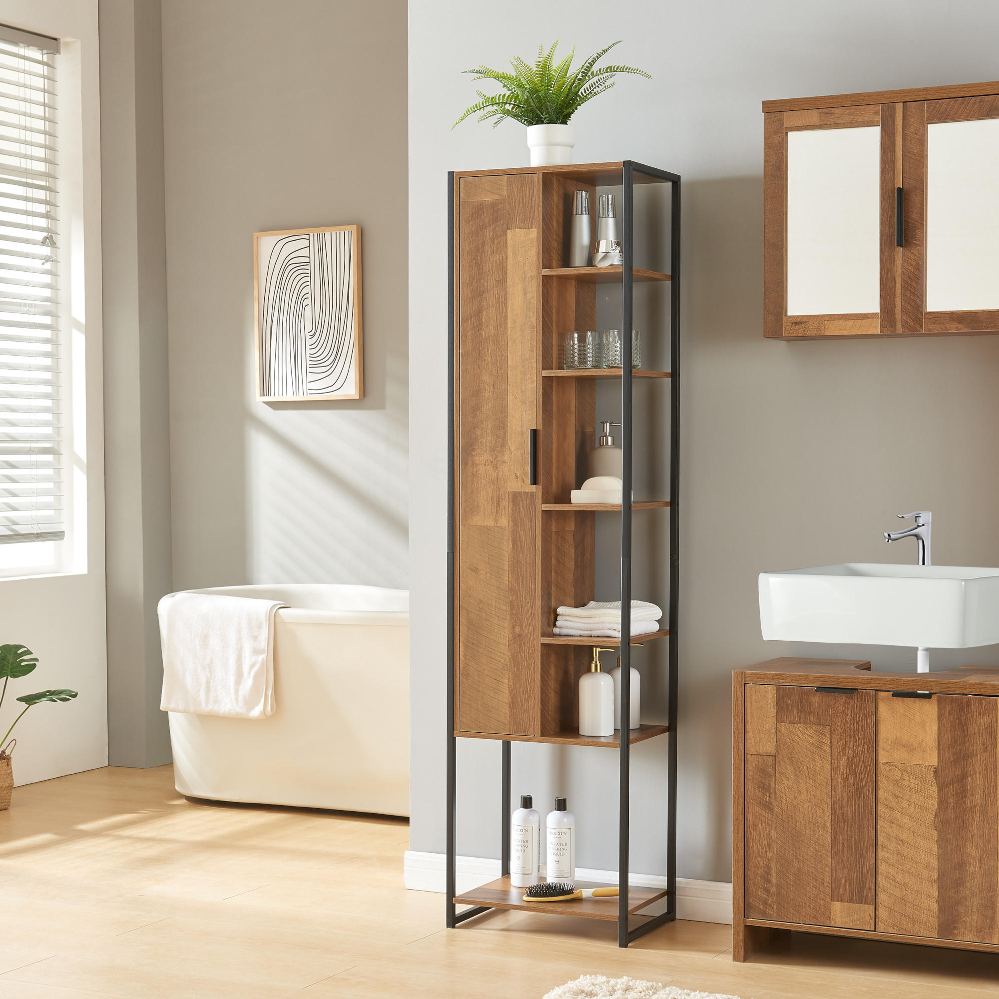 HOCHSCHRANK Namsskogan - Walnussfarben/Schwarz, Holzwerkstoff/Metall (42.5/165/30cm) - [en.casa]