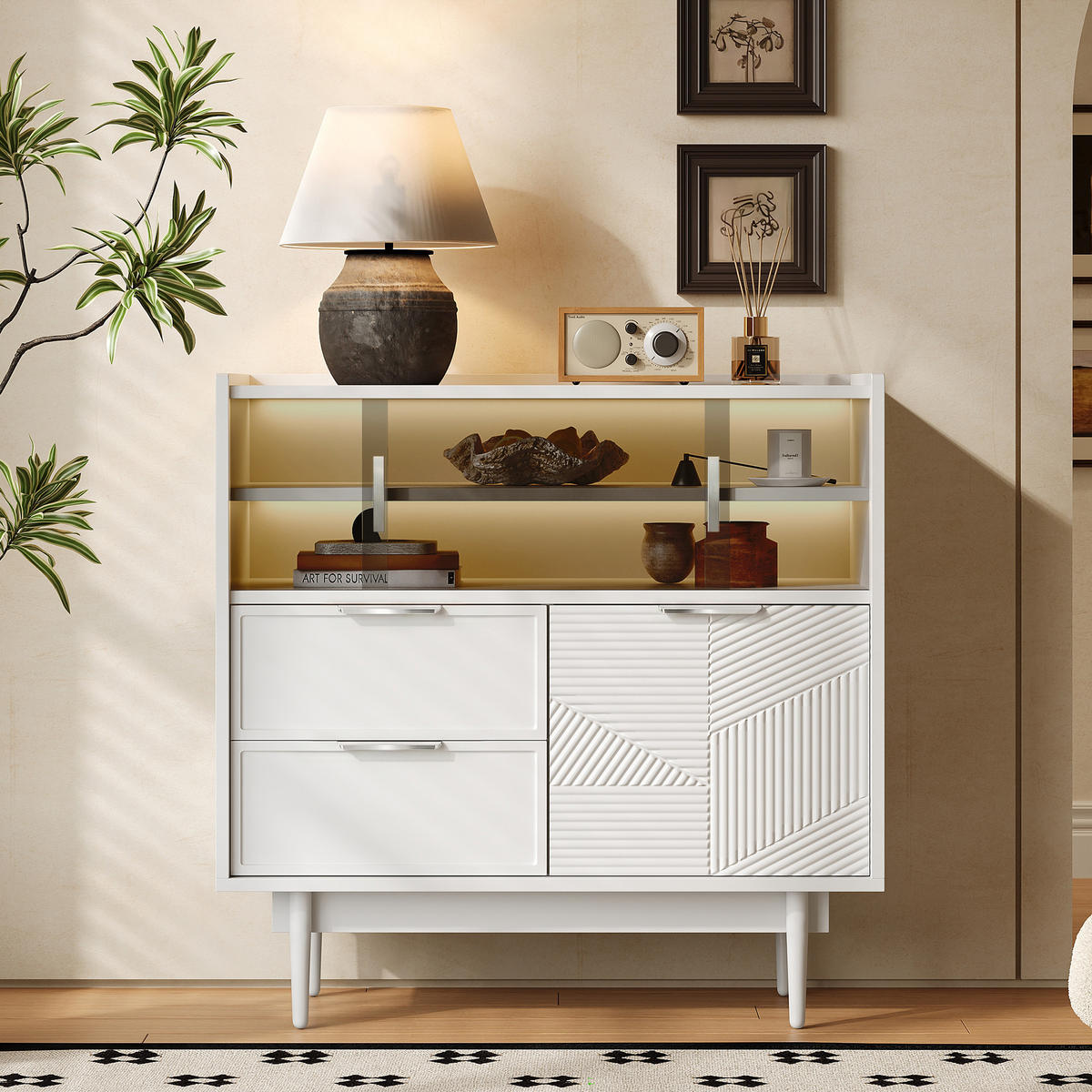 SIDEBOARD in Weiß Aufbewahrungsschrank , mit LED-Lichtleiste Glastür Stauraum Badmöbel B80/T35/H80cm - Transparent/Weiß, Glas/Holzwerkstoff (80/80/35cm) - STILVORA