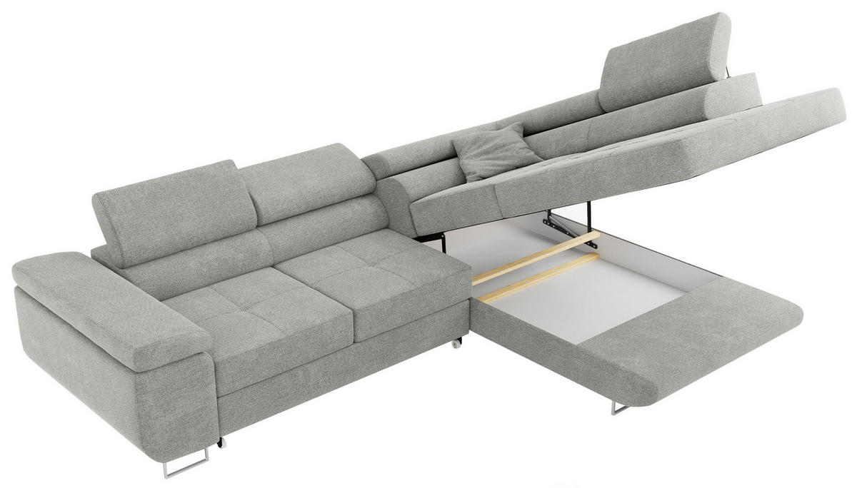 ROHOVÁ SEDAČKA GUSTAW L - Světle šedá Strukturovaná látka - Pravá Strana - stříbrná/světle šedá, kov/textil (205/275cm) - MKS