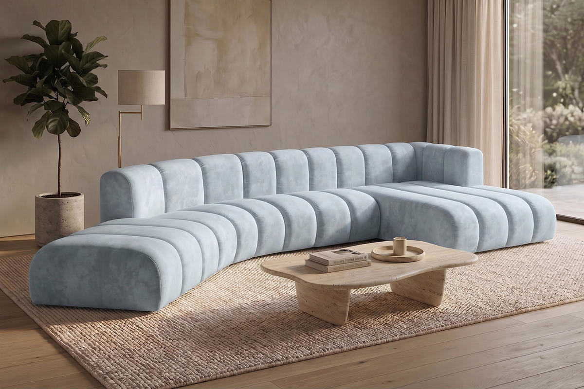ECKSOFA Modulares In L-Form, Velvet-Stoff Riviera, Babyblau, Rechts, GRAND Round - Hellblau, Holz (445/179cm) - Kaiser Möbel