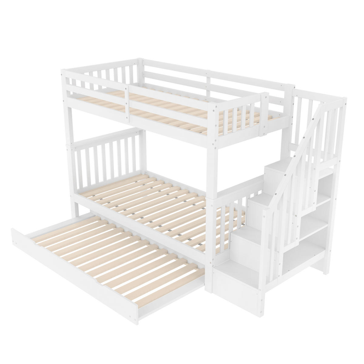 ETAGENBETT 90x200cm Weiß mit Ausziehbett EN747-1 Treppenregal - Weiß, Holz (90/200cm) - FLIEKS