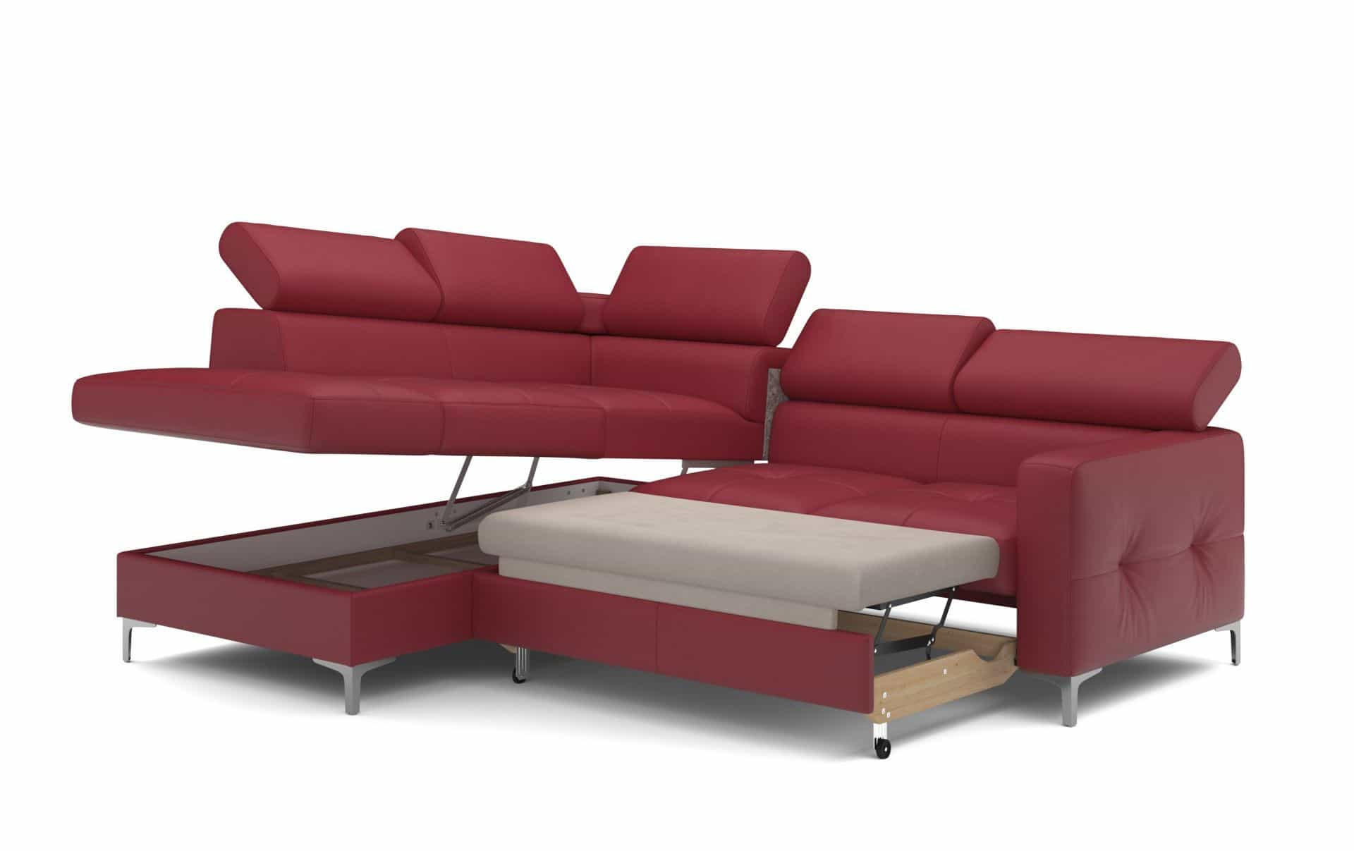 ECKSCHLAFSOFA aus Echtleder mit Schlaffunktion und Bettkasten - Chromfarben/Rot, Leder/Holz (242/207cm) - Cotta
