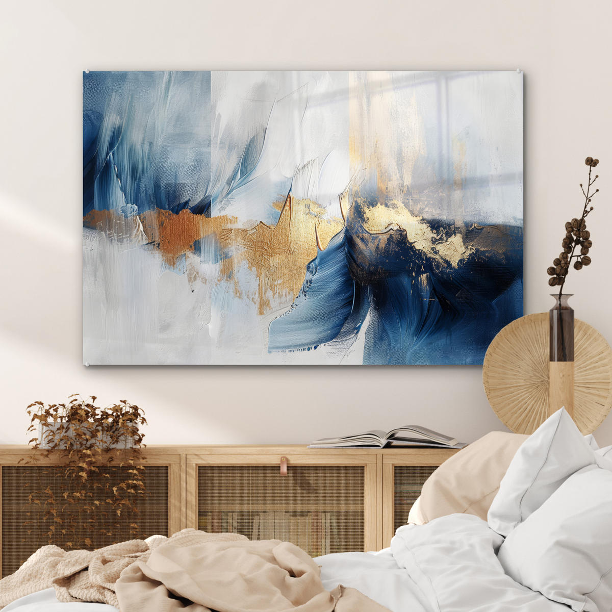 ACRYLGLASBILD Gold - Blau - Aquarell - Kunst - Modern 90x60 cm - Hellblau, Glas (90/60cm) - MuchoWow