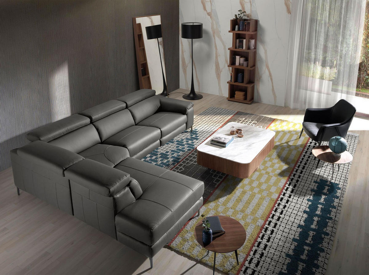 ECKSOFA Linke Chaiselongue Relaxsofa in dunkelgrauem Leder 295/232/97 cm - Dunkelgrau/Schwarz, Leder (295/232cm) - ANGEL CERDA