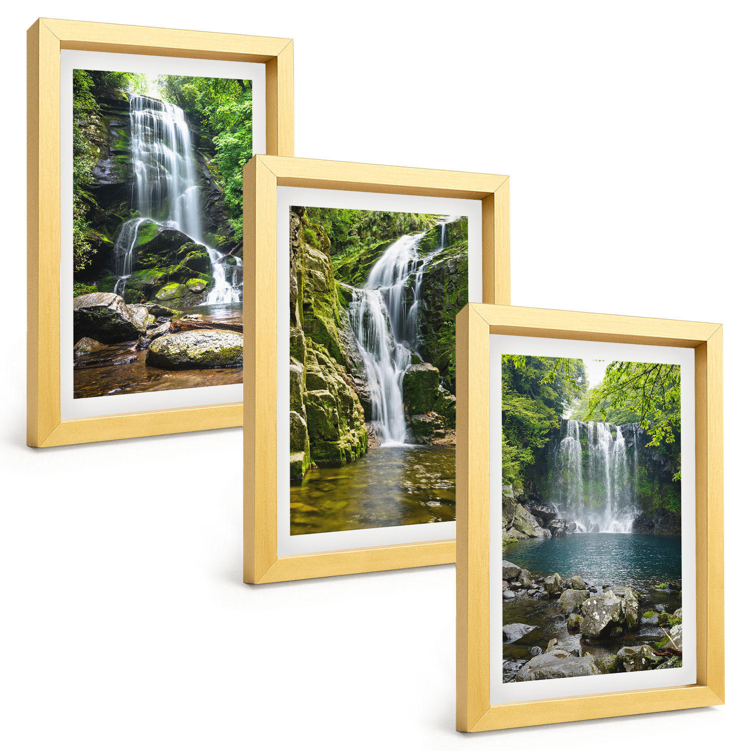 BILDER SET 3er Set - 20x30 cm Goldrahmen - Wasserfälle, grüne Umgebung - Goldfarben, Kunststoff (20/30cm) - TULUP