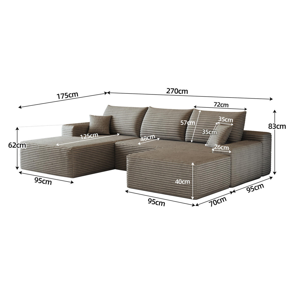 WOHNLANDSCHAFT DE-34857 U-Form 2-Sitzer Chaiselongue links Camel - Sandfarben, Textil (175/83/270cm) - ComfortXL