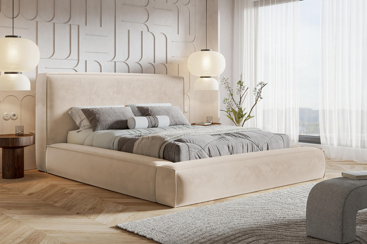 POLSTERBETT 160x200 Karano, Dicker Schaum, Bettkasten, Samt, Beige - Beige, Holz/Textil (160/200cm) - Emporius