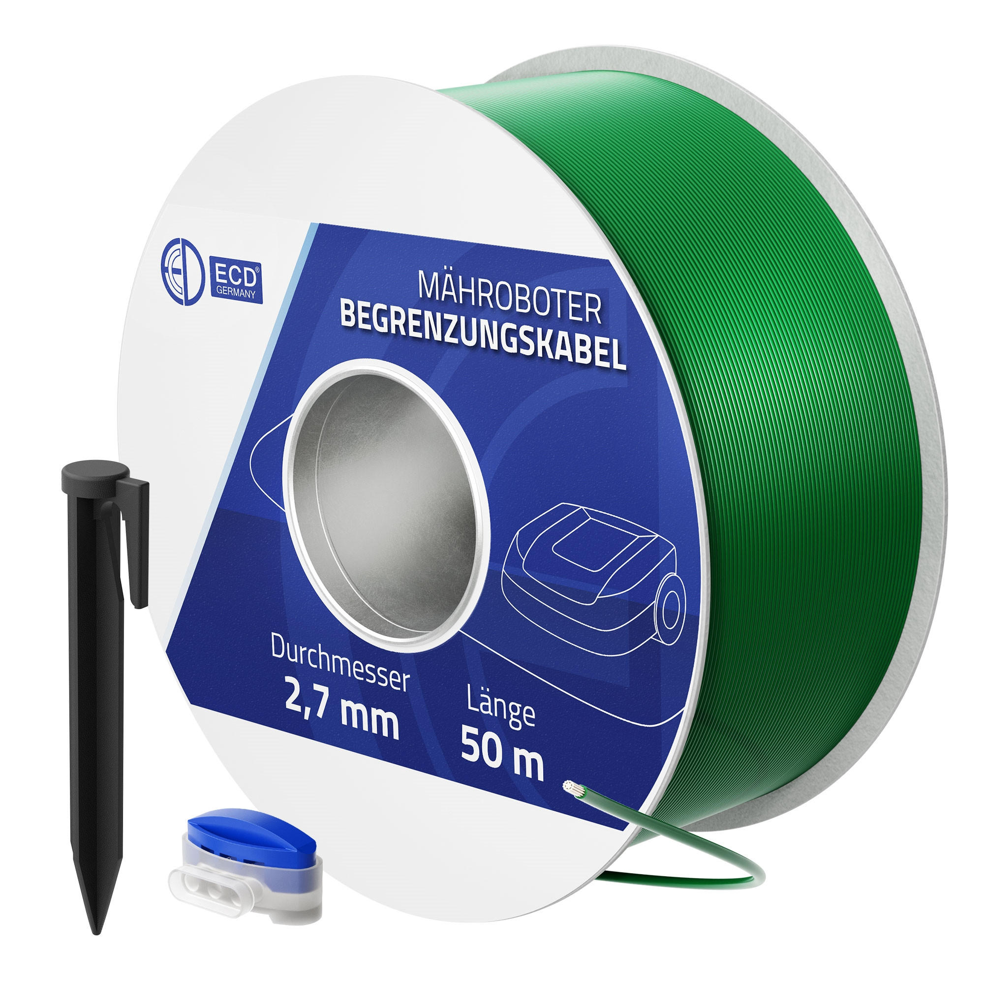 OHRANICOVACÍ KABEL pro sekačky roboty 50 m + sada z pocínované mědi - zelená barva, kov (0.27/0.27/5000cm) - ECD-Germany