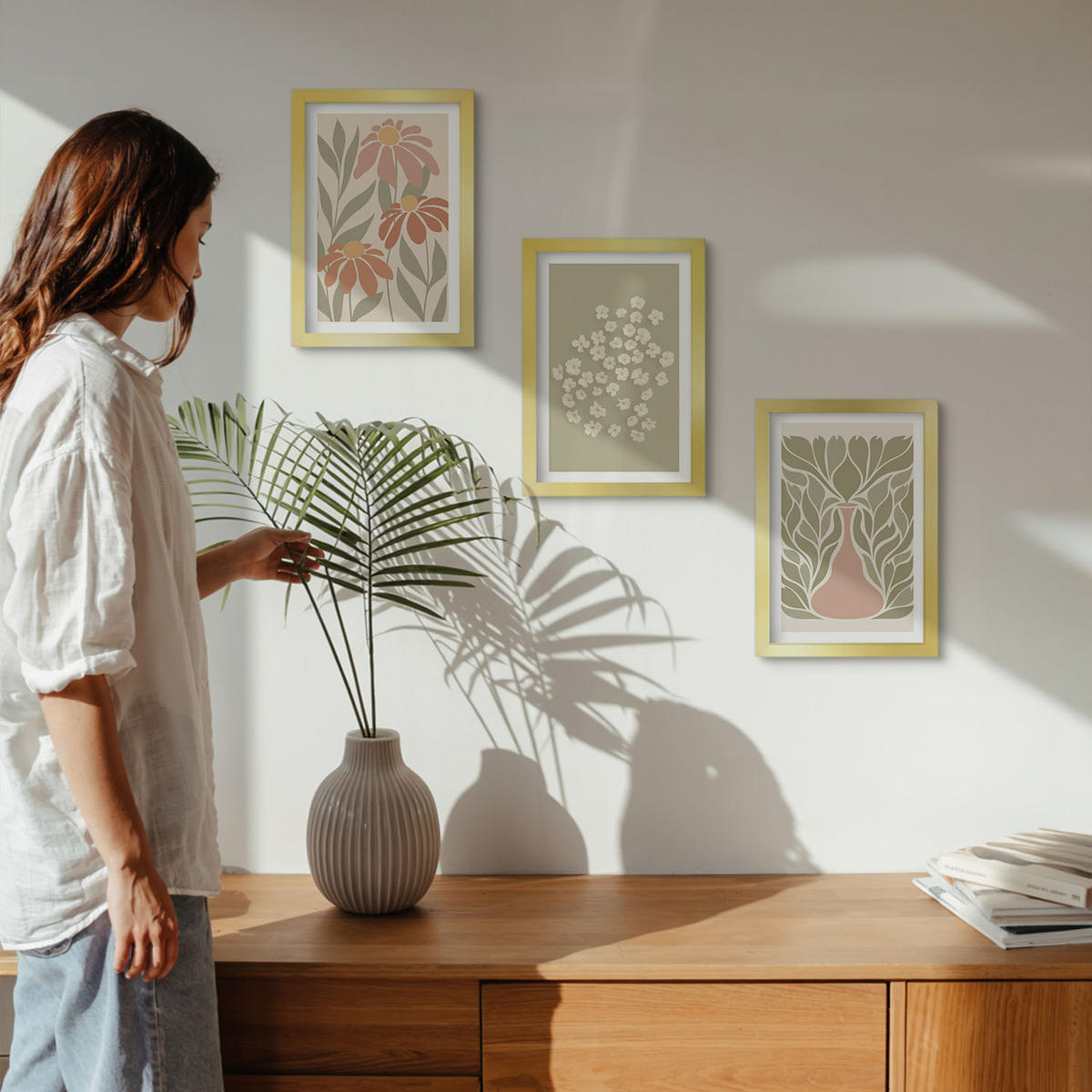 WANDBILDER 3er Set - 20x30 cm Goldrahmen - Florale Boho-Muster - Goldfarben, Kunststoff (20/30cm) - ArtPrintCave