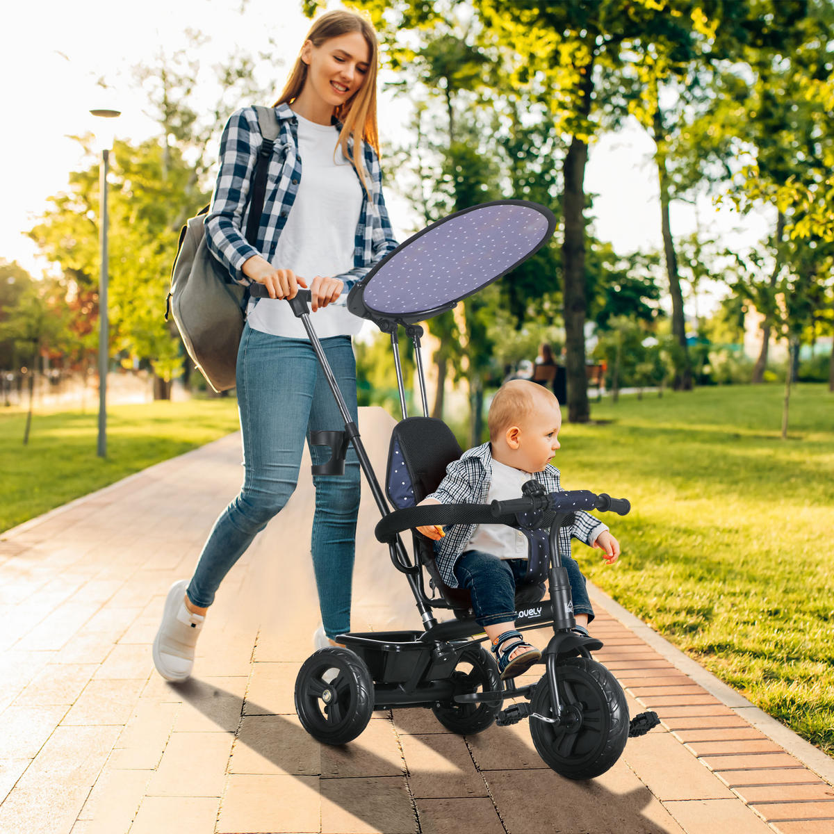 6-IN-1 Dreirad mit Schubstange, Kinderdreirad mit abnehmbarem Sonnendach Blau - Blau, Metall (105/47/98cm) - HOMCOM