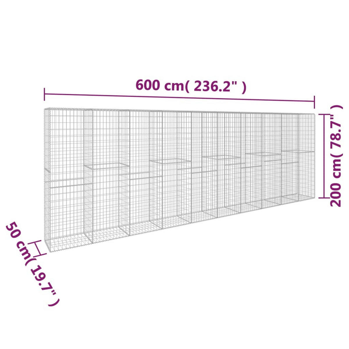 GARTENZAUN, Gabionenkorb mit Abdeckung, 600/50/200 cm, aus Verzinkter Stahl - Silberfarben, Metall (50/200cm) - vidaXL