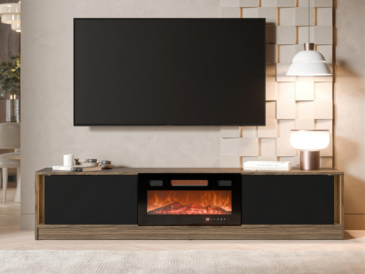 TV-LOWBOARD Mizu mit Kamin - Nussbaumfarben/Schwarz, Holzwerkstoff (180/40/39cm) - MIRJAN24