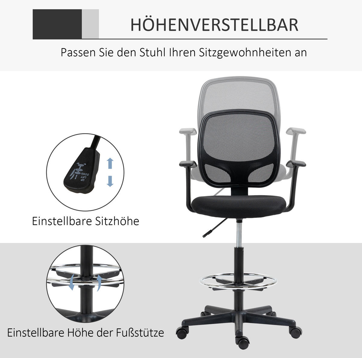 BÜROSTUHL in Schwarz 56x60x132 cm, höhenverstellbar, mit Fußstütze und Rollen - Schwarz, Kunststoff (60/132/56cm) - IVMEU