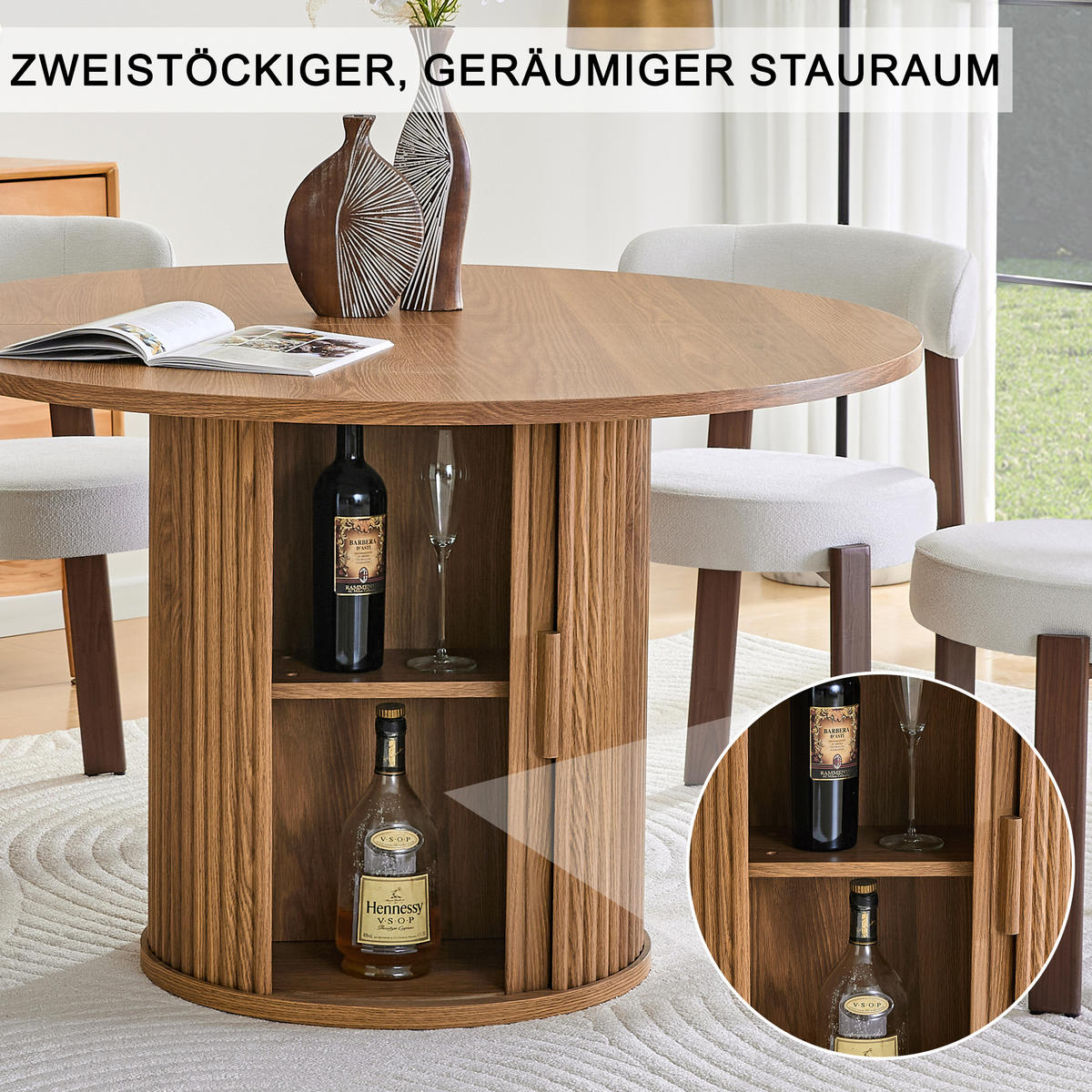 ESSTISCH aus Holzwerkstoff 120x120x75 cm Walnussfarben mit Doppellager und Schiebetür im Landhausstil - Walnussfarben, Holzwerkstoff (120/120/75.5cm) - Modfu