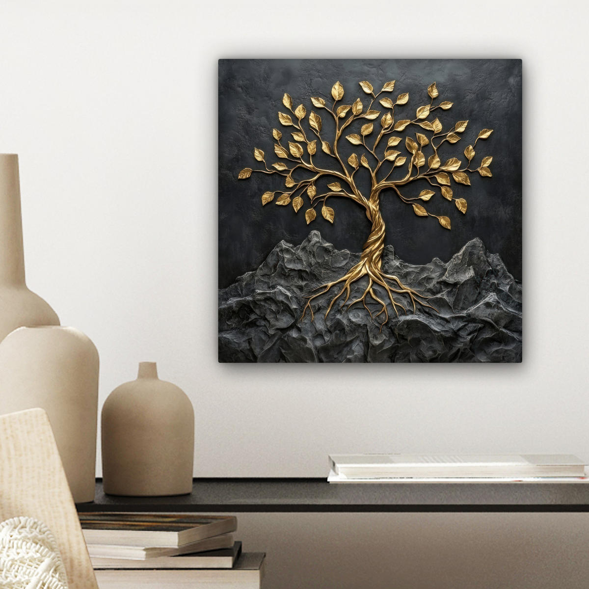 LEINWANDBILD Blätter - Gold - Baum - Fels Deko Wohnzimmer 20x20 cm - Schwarz, Textil (20/20cm) - MuchoWow