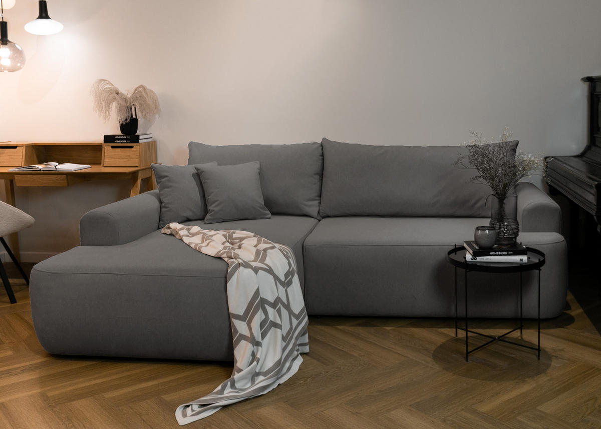 ECKSOFA Ovo Dunkelgrau Velours - Dunkelgrau/Schwarz, Kunststoff/Textil (260/165cm) - Selsey