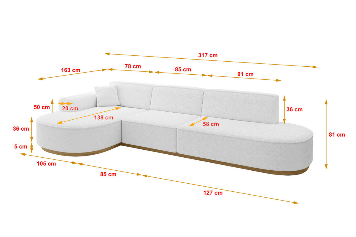 ECKSOFA Ottomane Links MARI-L2-v2 - 328x171x83 cm Weiß Bouclé - Weiß, Holzwerkstoff/Textil (328/171cm) - ALTDECOR