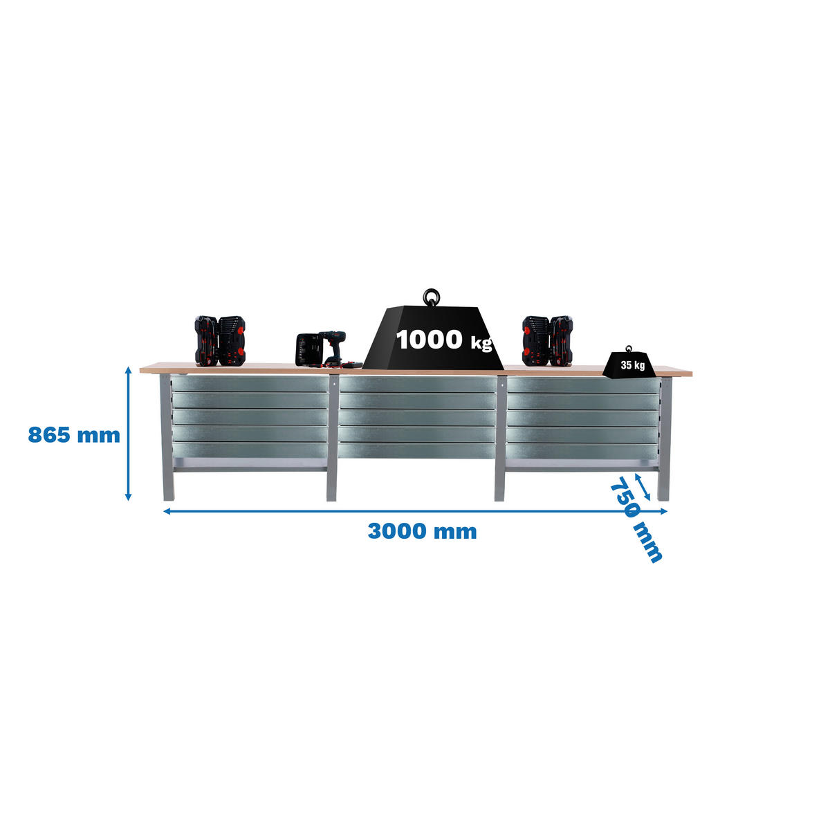 WERKBANK Buffalo Wood mit 15x Schublade HxBxT 86,5 x 300 x 75 cm Traglast 1000 kg Grau - Grau, Metall (300/86.5/75cm) - PROREGAL