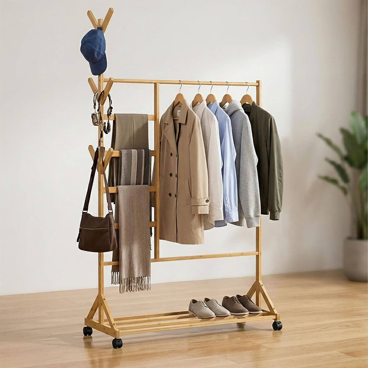KLÄDSTÄLLNING Natur bambu med hjul 6 krokar 171 cm - Ljusbrun, Trä/Plast (97/171/37cm) - Relaxdays