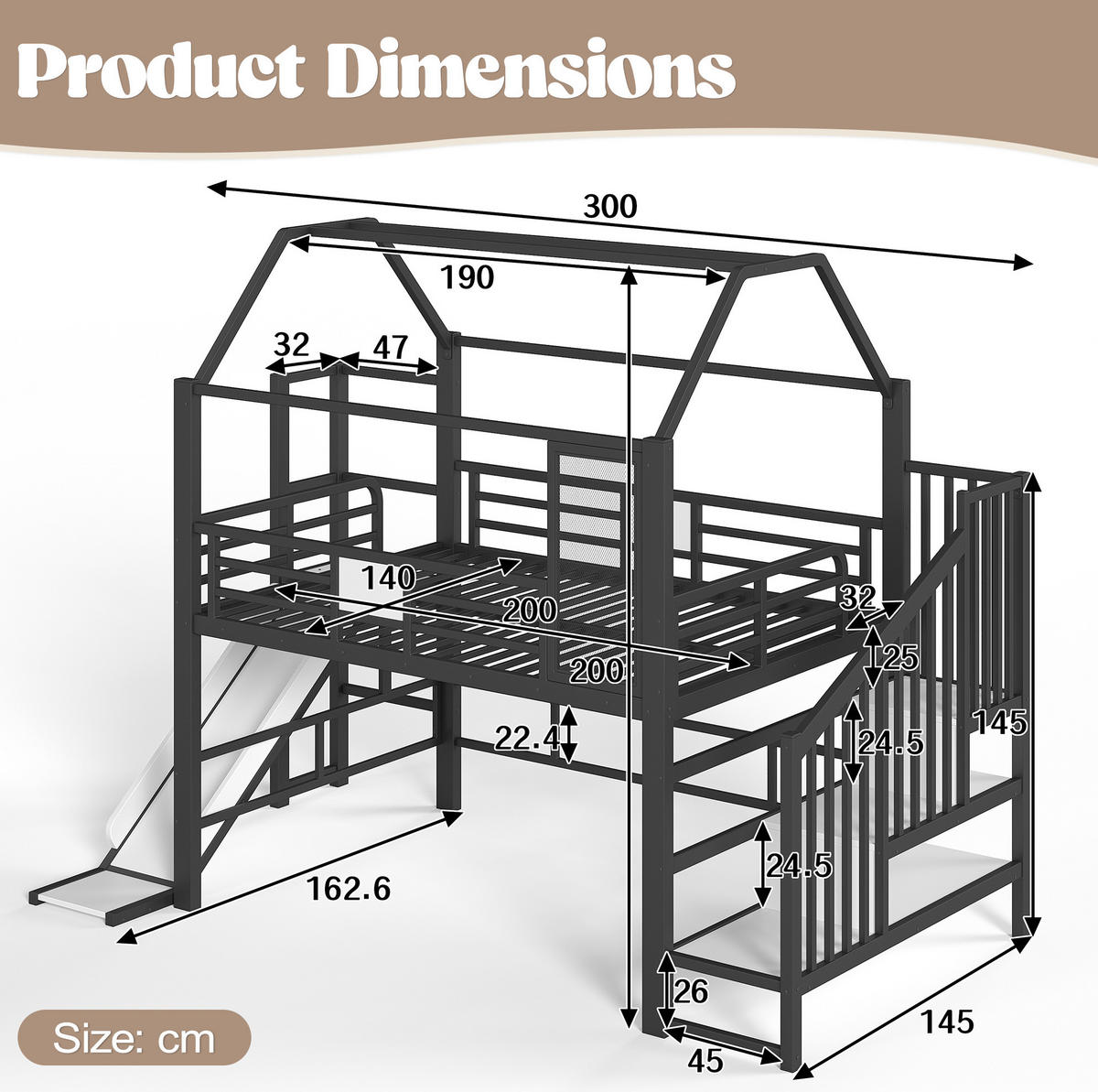 KINDERHOCHBETT MDF & Metall 140x200 cm Schwarz mit Rutsche, Treppe, Stauraumfächern und LED-Beleuchtung - Schwarz, Holzwerkstoff (140/200cm) - Modfu