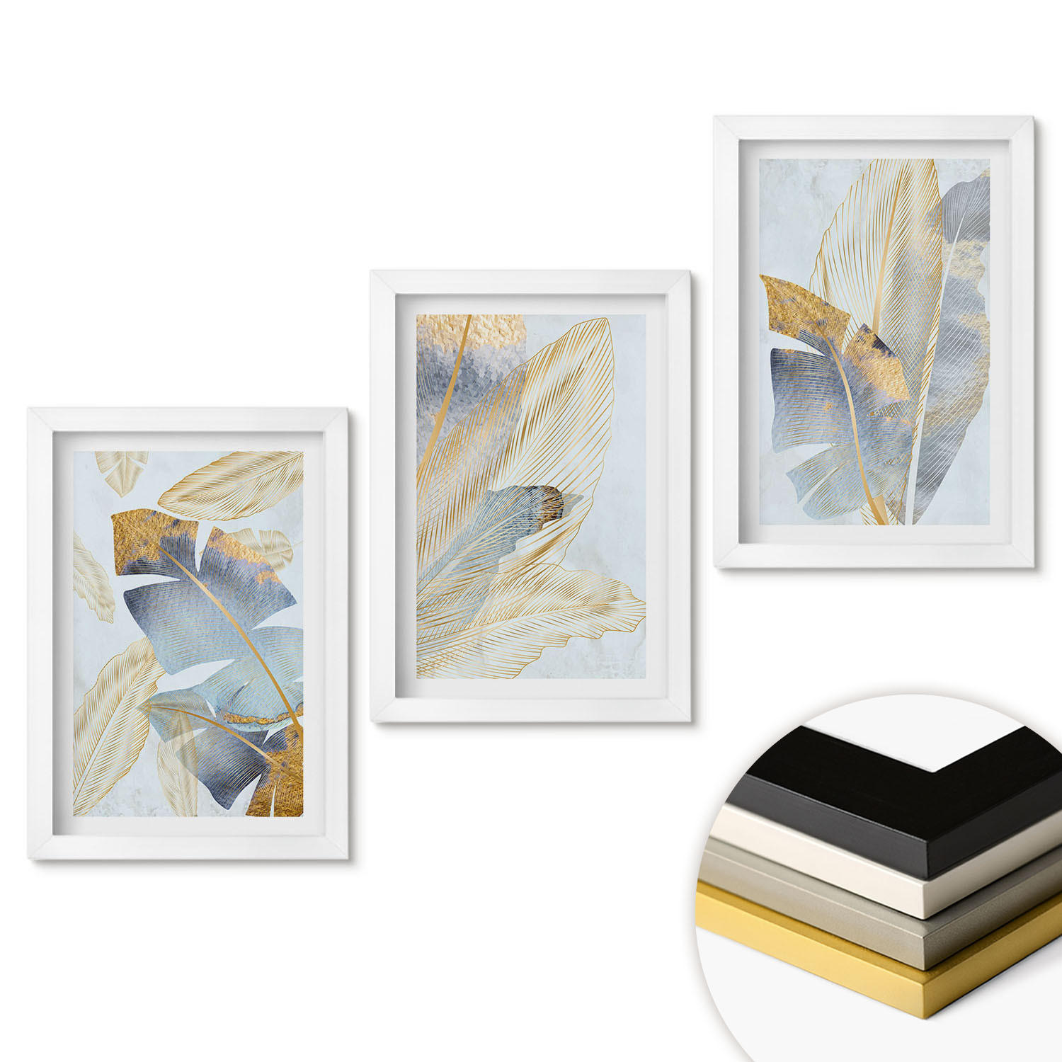 WANDBILDER 3er-Set - 20x30 cm Weißer Rahmen - Hellblau-beige Blätter - Weiß, Kunststoff (20/30cm) - ArtPrintCave