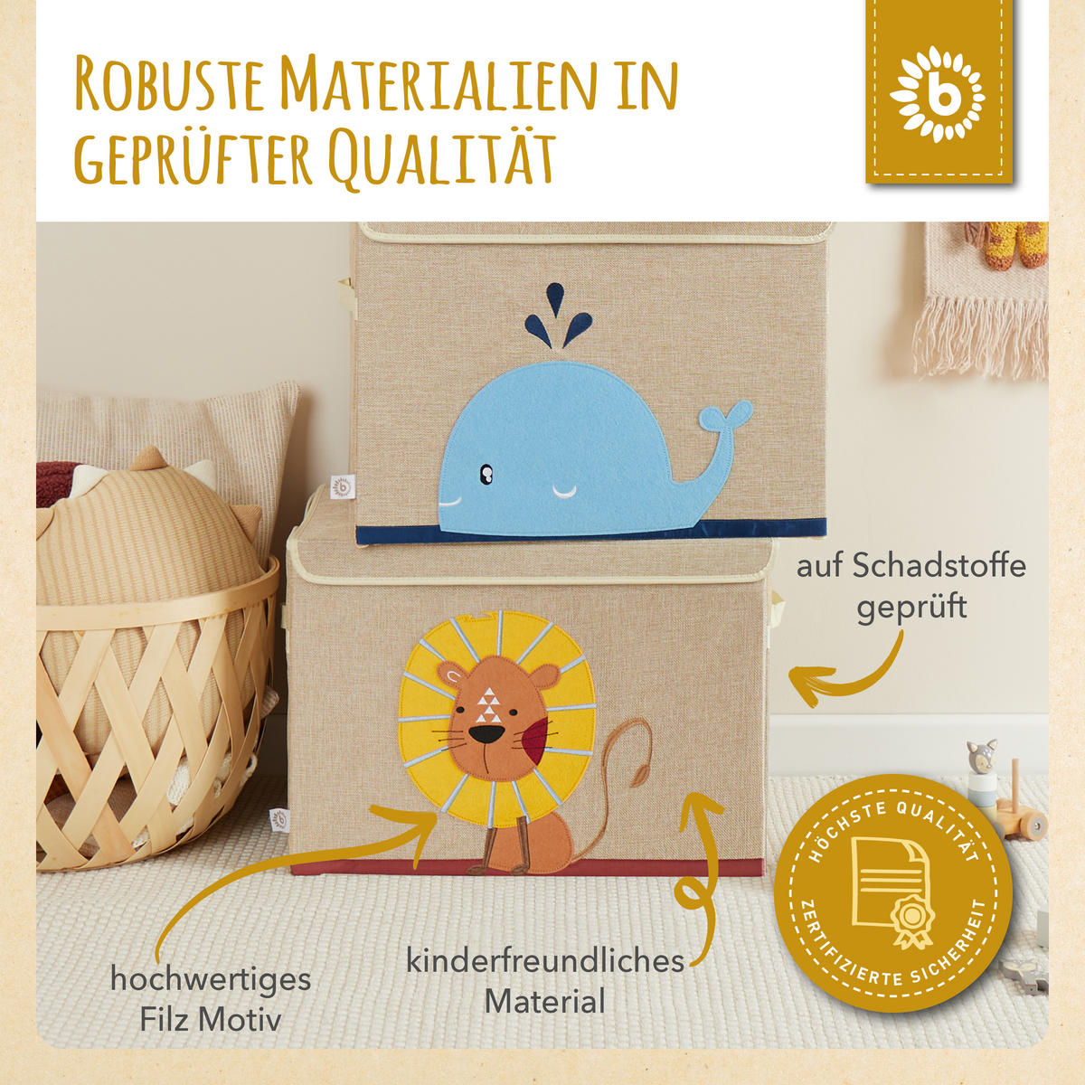 AUFBEWAHRUNGSBOX mit Deckel 65L, faltbar - Beige/Gelb, Textil (51/36cm) - Bieco Spielwaren