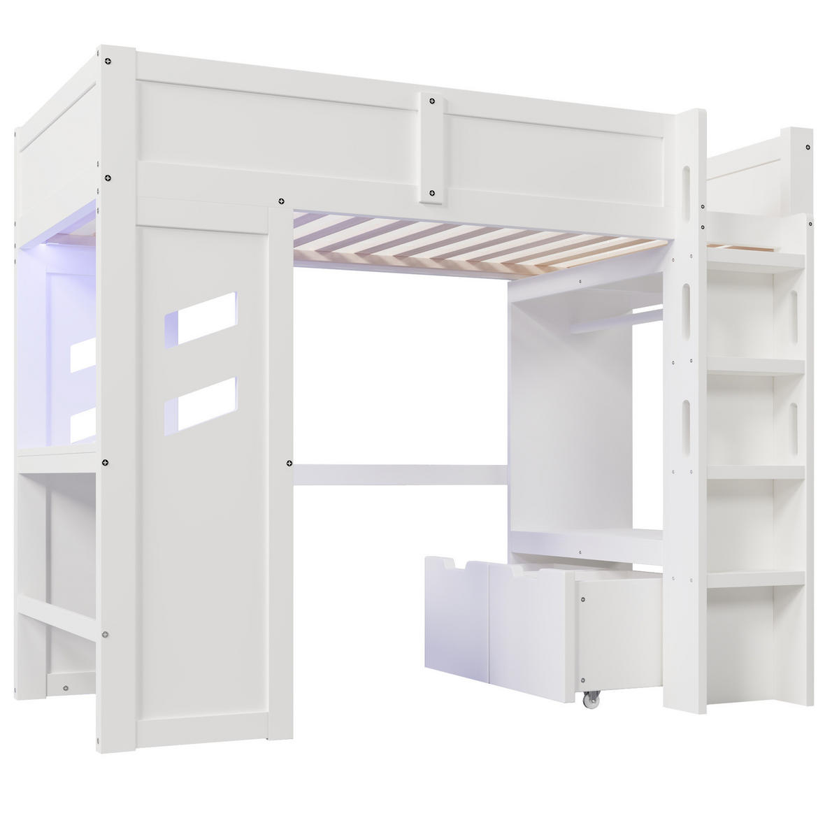 HOCHBETT aus Kiefernholz 90x200 cm Weiß mit Schreibtisch, LED, USB-C und 2 Schubladen - Weiß, Holzwerkstoff (90/190cm) - Modfu
