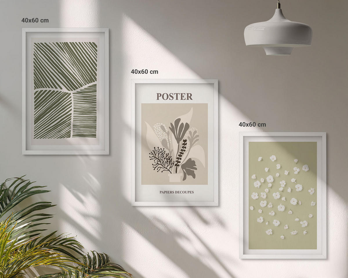 WANDBILDER 3er-Set - 40x60 cm Weißer Rahmen - Gedämpfte Pflanzenmotive - Weiß, Kunststoff (40/60cm) - ArtPrintCave