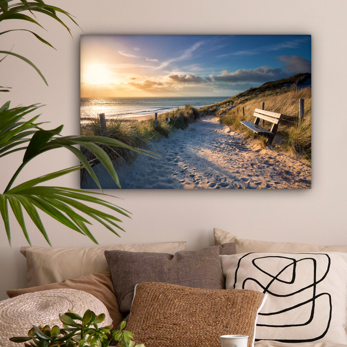 LEINWANDBILD - Sonnenuntergang - Strand - Düne - Gras - Ufer - 90x60 - Deko Wohnzimmer - Sandfarben, Textil (90/60cm) - MuchoWow