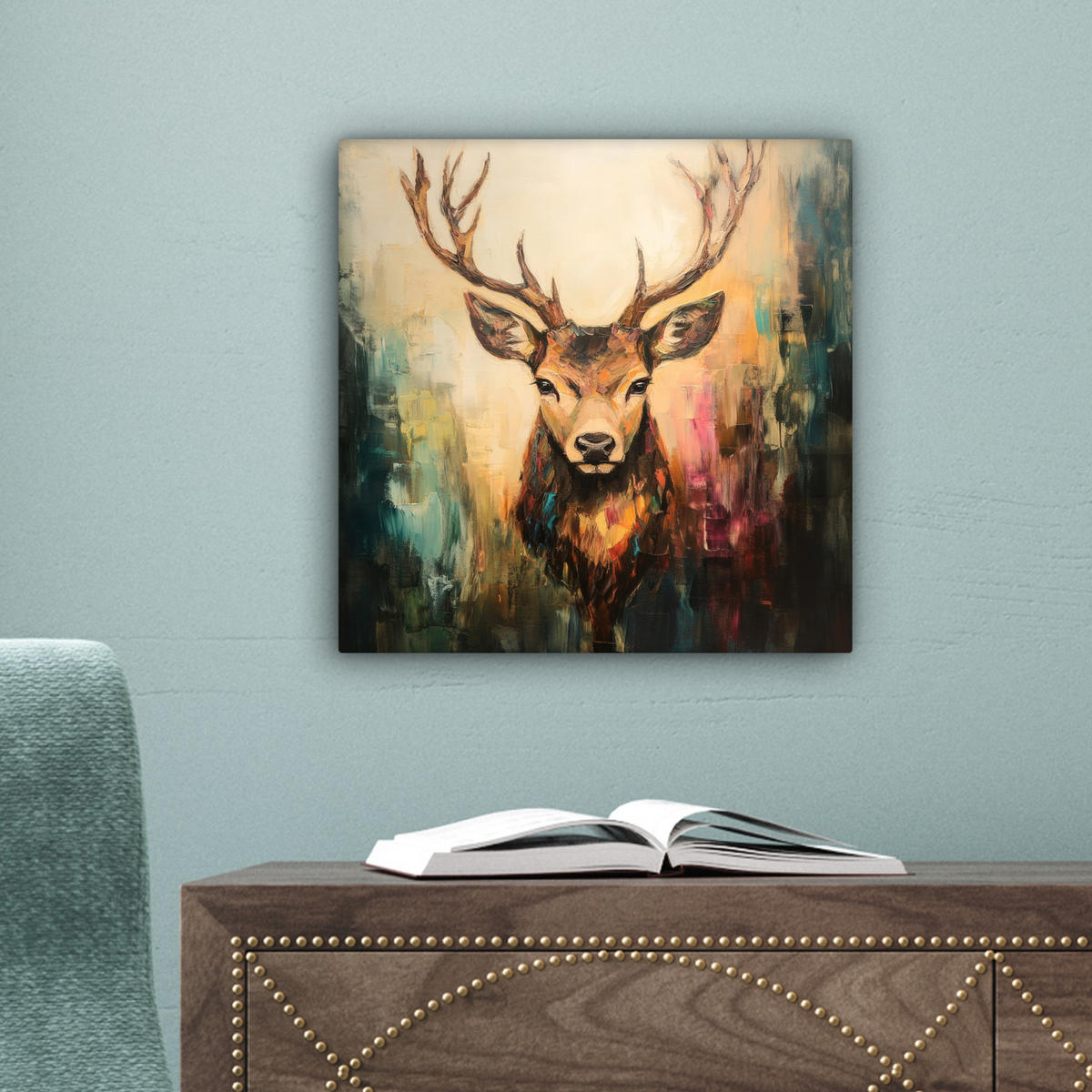 LEINWANDBILD Hirsch - Gemalt - Geweih - Braun 20x20 cm - Haselnussfarben, Textil (20/20cm) - MuchoWow