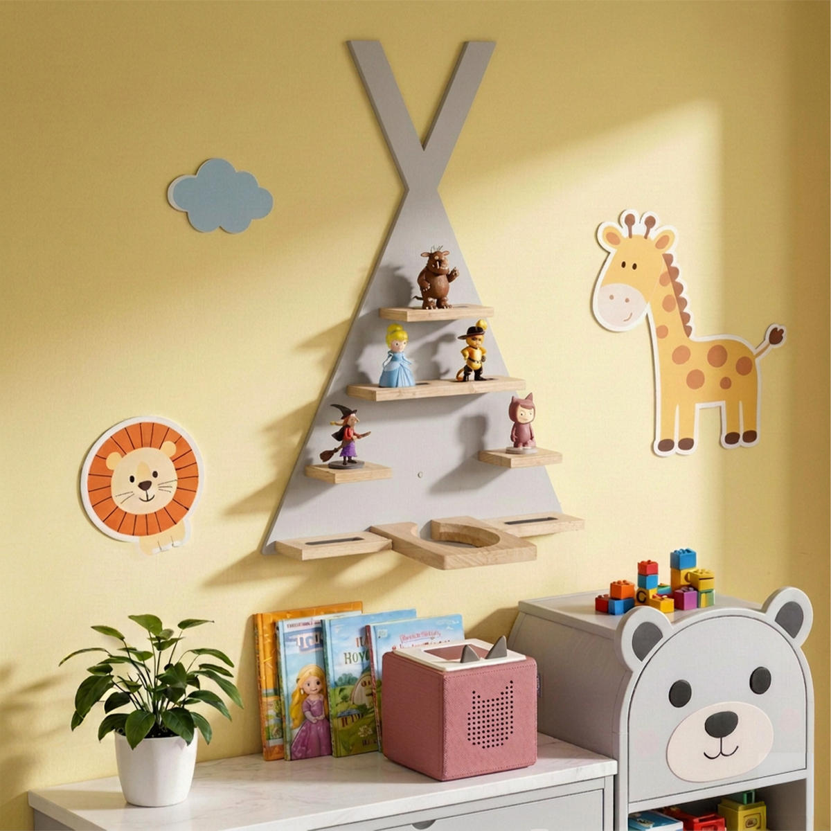 WANDREGAL Grau für Toniebox Zeltform Magnetleisten - Grau, Holz/Holzwerkstoff (49/69/9cm) - Relaxdays