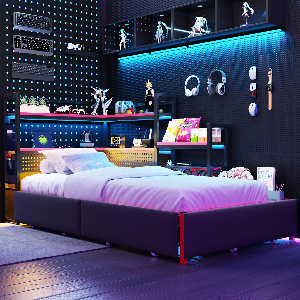 METALLBETT 90/200 cm in Schwarz mit Schubladen, LED, USB und Lochwand - Schwarz, Metall (90/200cm) - WISHDOR