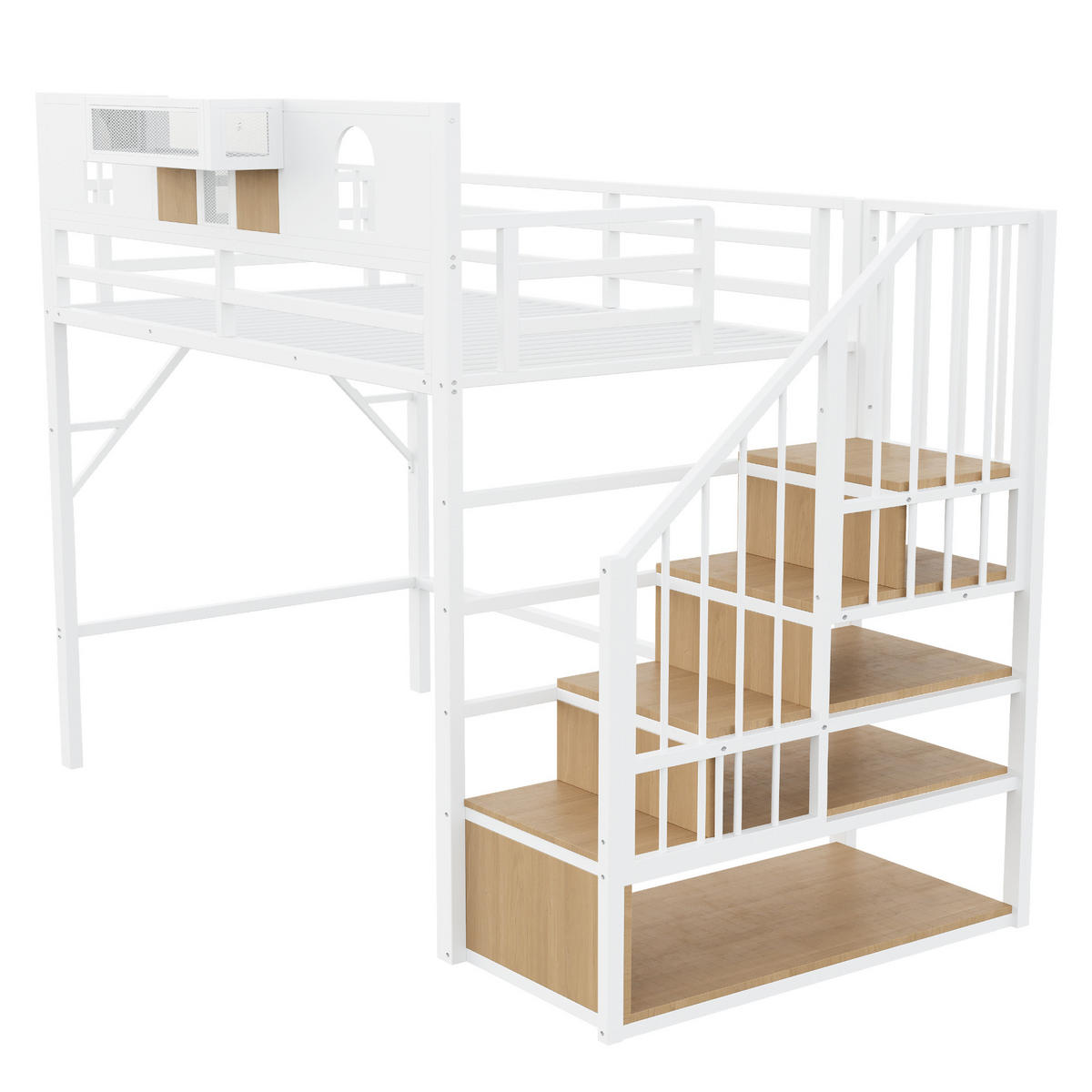HOCHBETT 90/200 cm Weiß mit Stautreppen, Lichtleisten und Staufächer - Weiß, Metall (90/200cm) - Oxeza