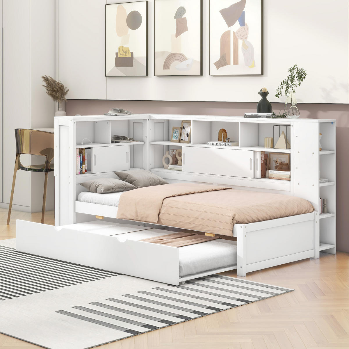 TAGEBETT 90x200cm Weiß Spanplatte Kinderbett Ausziehbett Staufach USB - Weiß, Holz (90/200cm) - FLIEKS