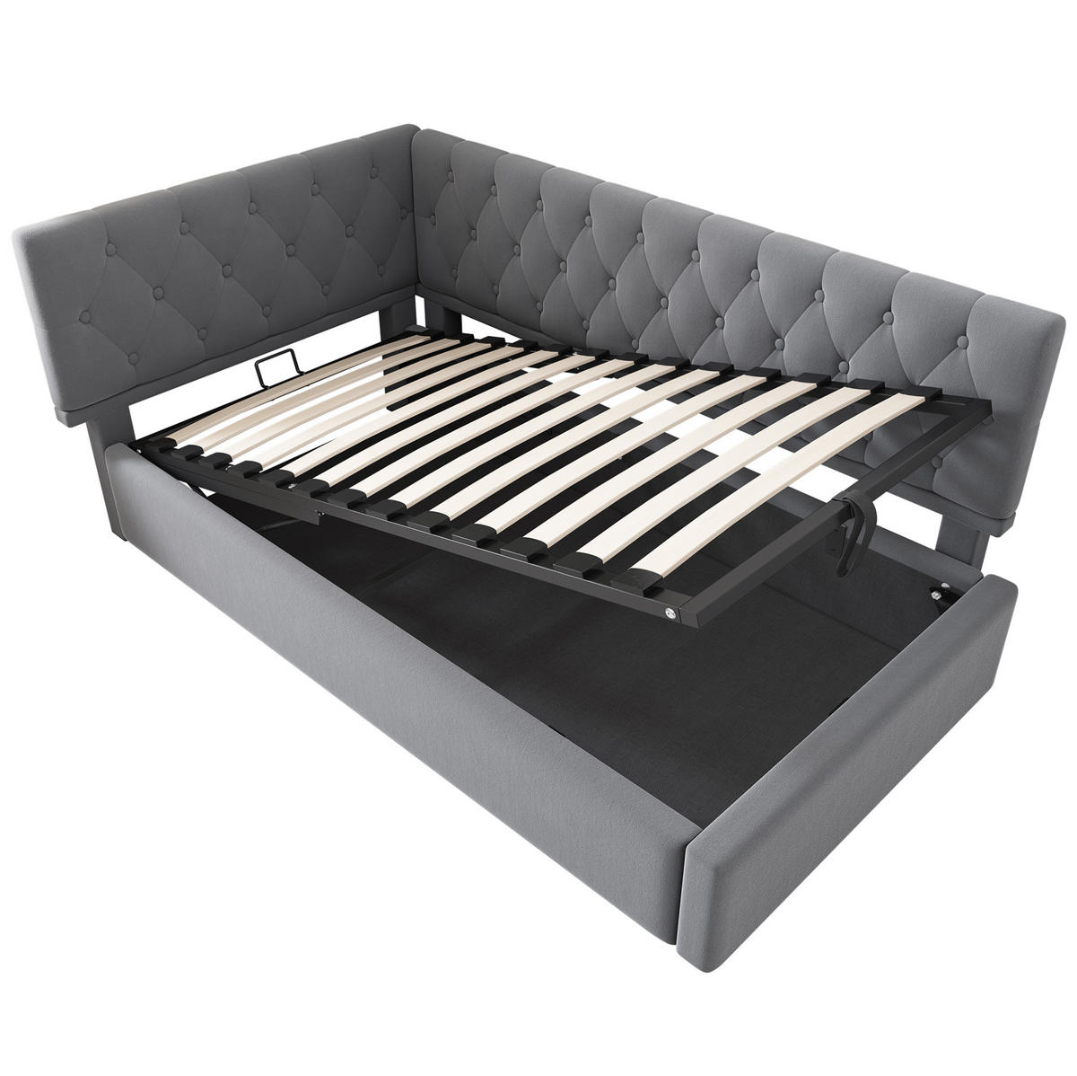 POLSTERBETT 90/200 cm mit hydraulischem Bettkasten, L-Form-Design, Samt Grau - Grau, Textil (90/200cm) - Redom