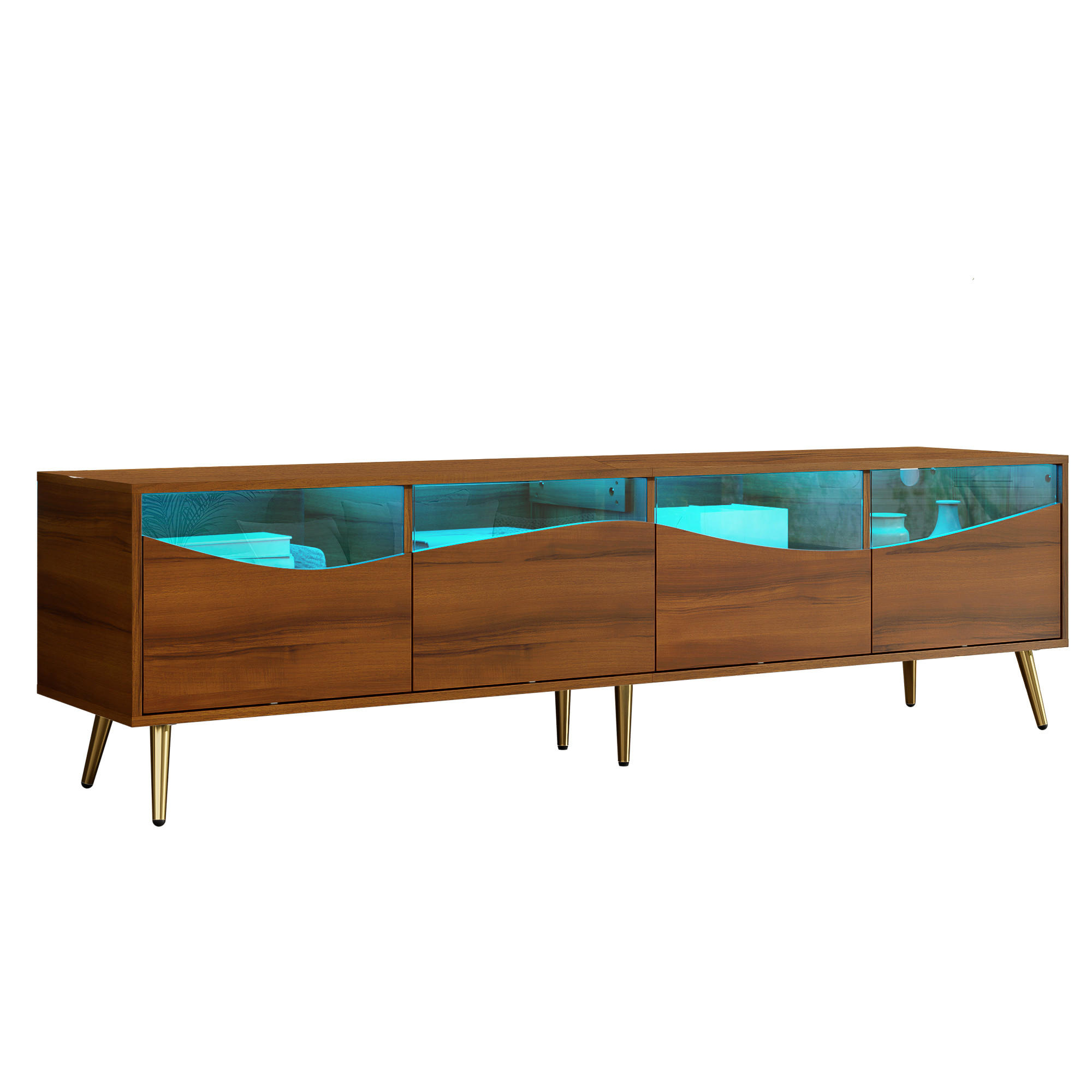 TV-SCHRANK 180 cm Mit LED-Beleuchtung, Glasfront, goldenen Metallfüßen Walnussfarben, Stauraum für Wohnzimmer - Braun, Holzwerkstoff (180/50/40cm) - Urban Meuble