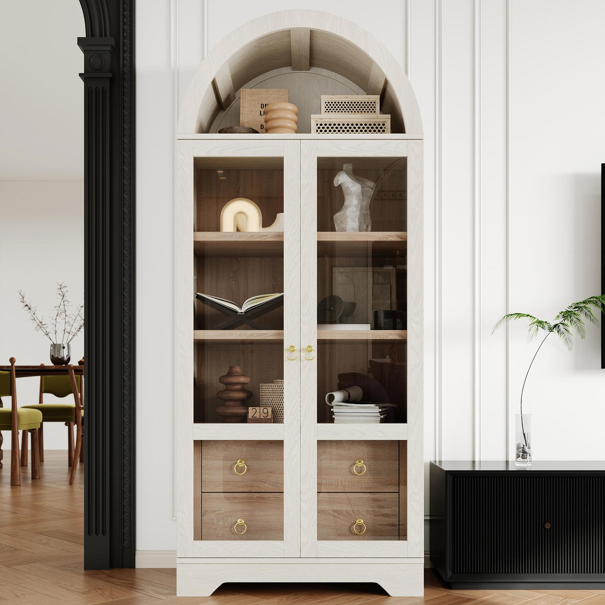 HIGHBOARD DE-38324 76/40/180 cm mit transparentem Glas und 2 Schubladen Weiß - Weiß, Holzwerkstoff (76.2/180/40.1cm) - ComfortXL