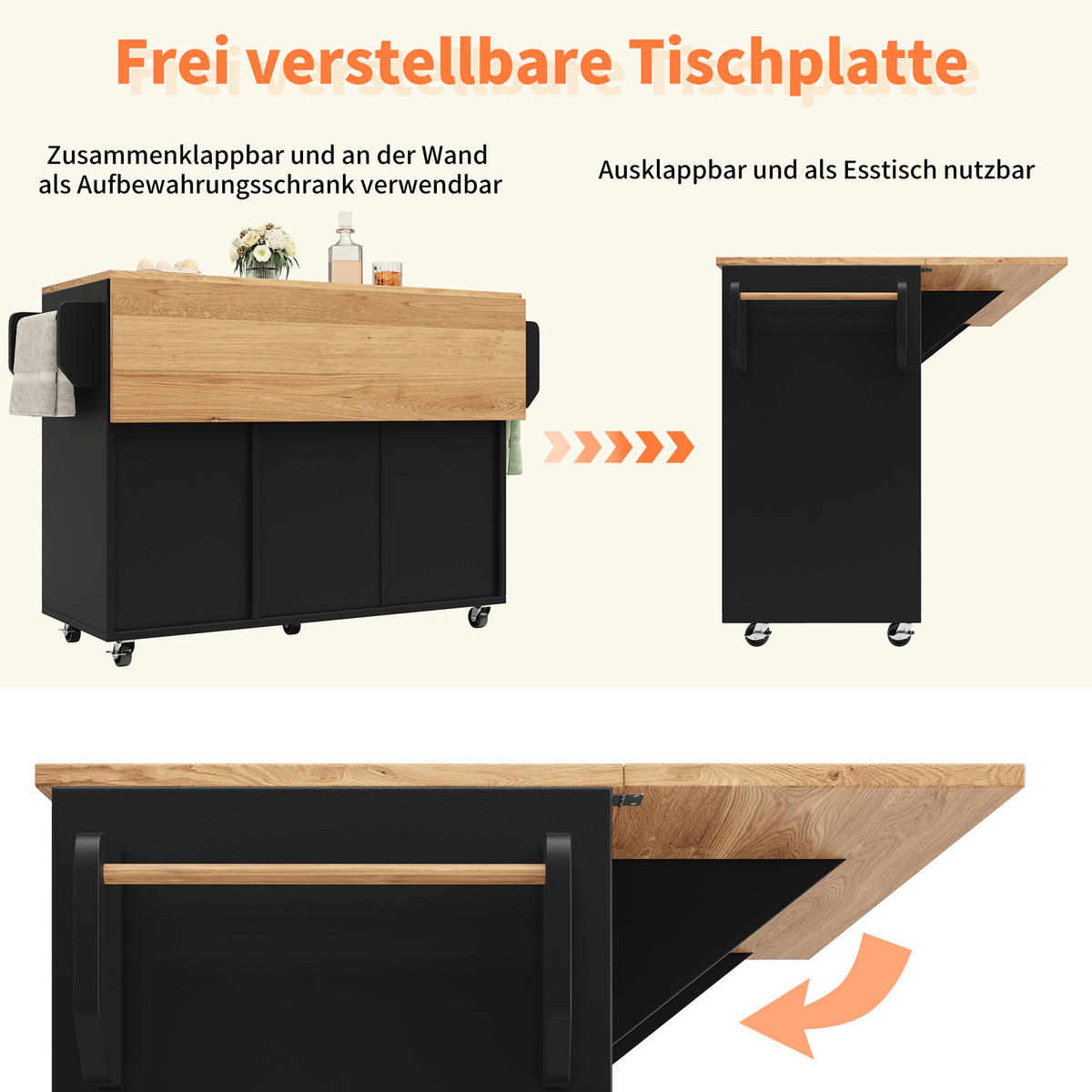 KÜCHENINSEL 120/71/92 cm Schwarz mit Klapptisch, 2 Schubladen, 5 Rollen und verstellbaren Böden - Schwarz, Holz/Holzwerkstoff (120/92/43.2cm) - Oxeza