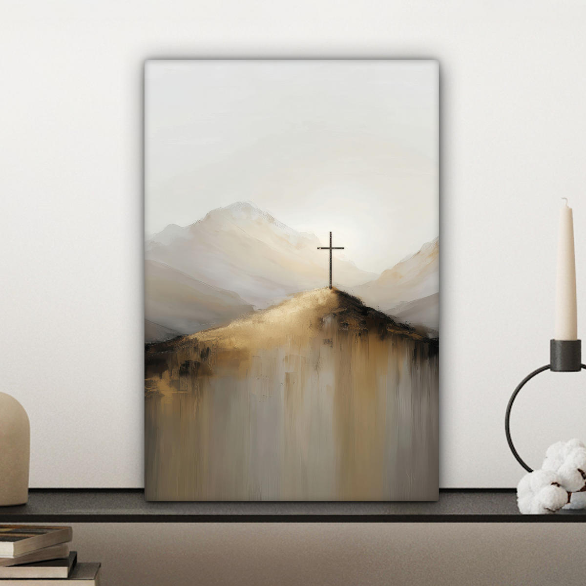 LEINWANDBILD Hügel - Abstrakt - Kreuz - Christentum Deko Wohnzimmer 20x30 cm - Beige, Textil (20/30cm) - MuchoWow