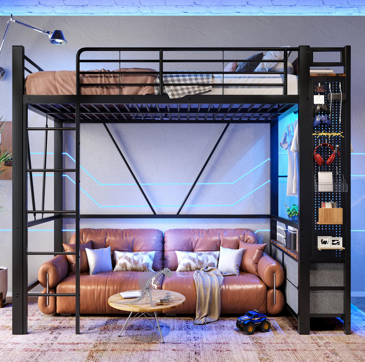 HOCHBETT 90/200 cm Schwarz aus Metall und MDF mit 4 Schubladen - Schwarz, Metall (90/200cm) - OKMYHOME