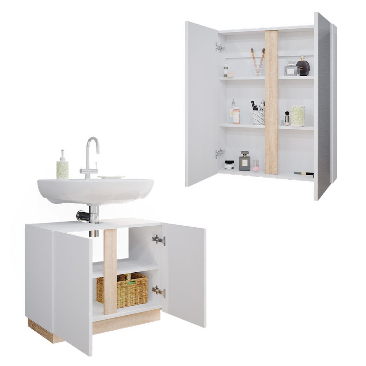 BADMÖBEL-SET Gloria Weiß 2 Teile - Weiß/Sonoma Eiche, Holzwerkstoff (70/55/34cm) - Vicco