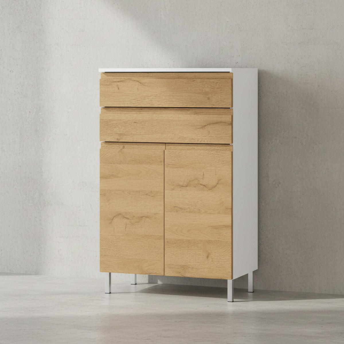BADSCHRANK Weiß und Eiche Grandson 60x97x34 cm mit Schubladen, Chromfüßen und griffloser Front VEER - Weiß, Holz/Metall (60/97/34cm) - KADIMA DESIGN