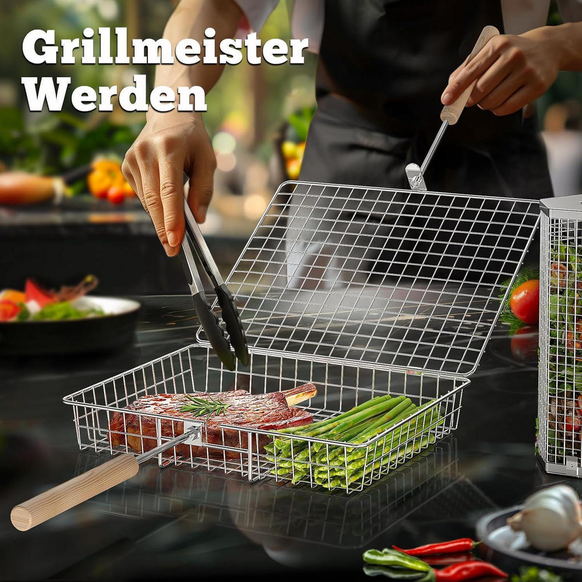 GRILLKORB Set 2-teilig Edelstahl mit Holzgriff - Silberfarben, Metall (24/15/31cm)