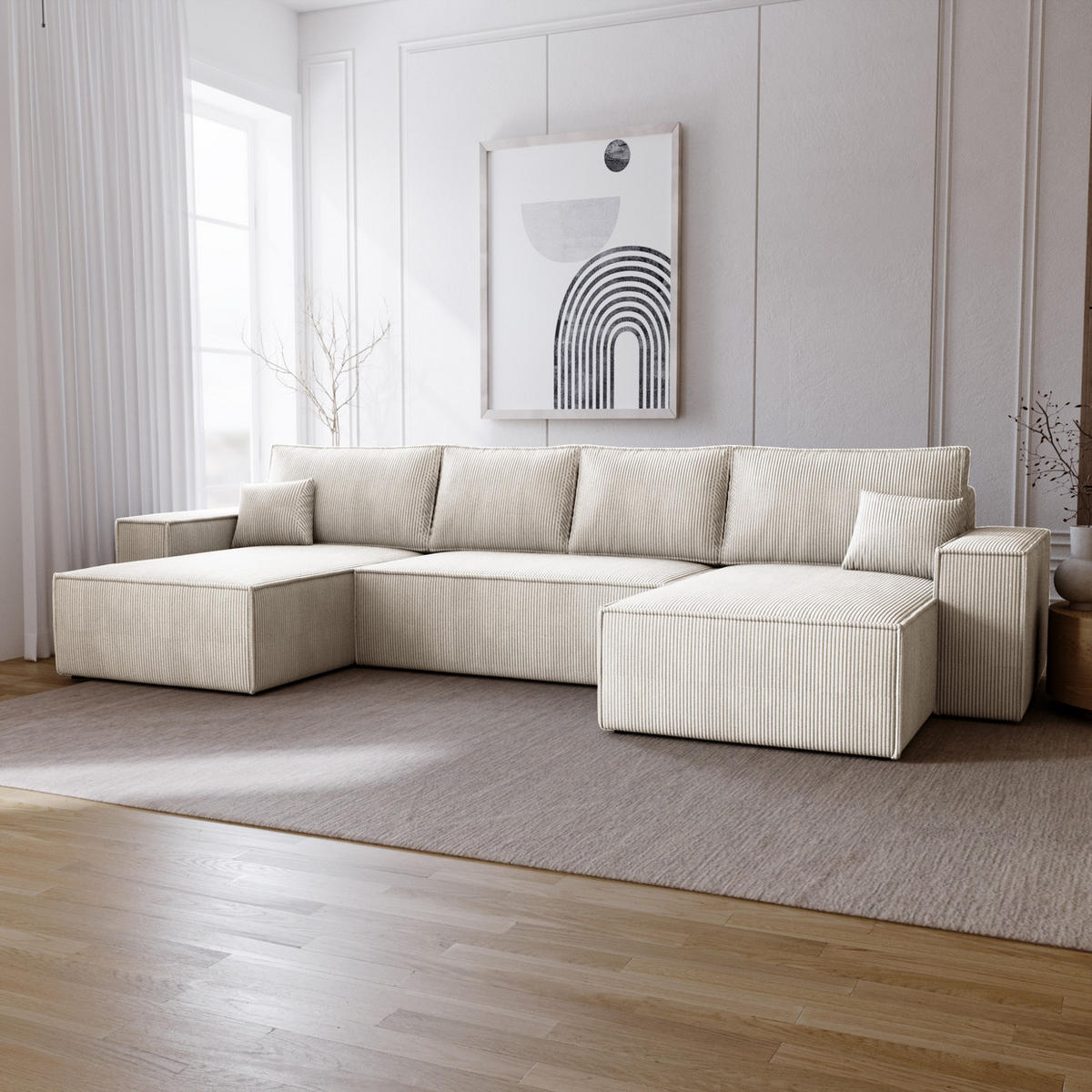 ECKSOFA U 380 cm Bergamo mit Schlaffunktion, Cordstoff, Ecru - Ecru, Holz (377/189cm) - Emporius