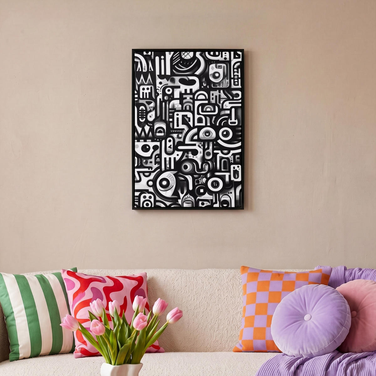 LEINWAND Bilder mit Rahmen - Symbole - Abstrakt - Grafik - Schwarz - 40x60 - Schwarz, Textil (40/60cm) - MuchoWow