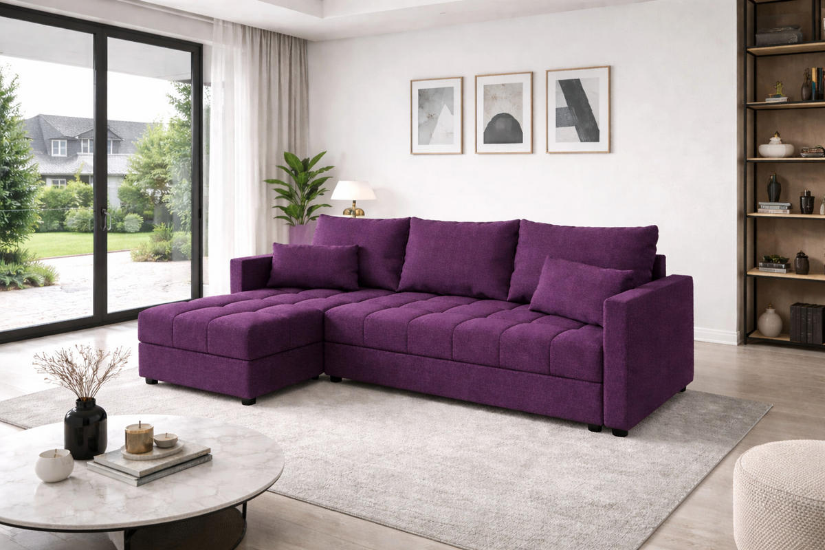 WOHNLANDSCHAFT AURELIA– Ecksofa in L-Form mit Schlaffunktion Bettkasten & Kissen Stoff KRONOS 226 cm Violett - Violett, Kunststoff (226/140cm) - Wohnideebilder